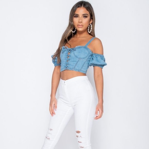 Denim Jeans Cold Shoulder Bustier Crop Top - Picture 2 of 13